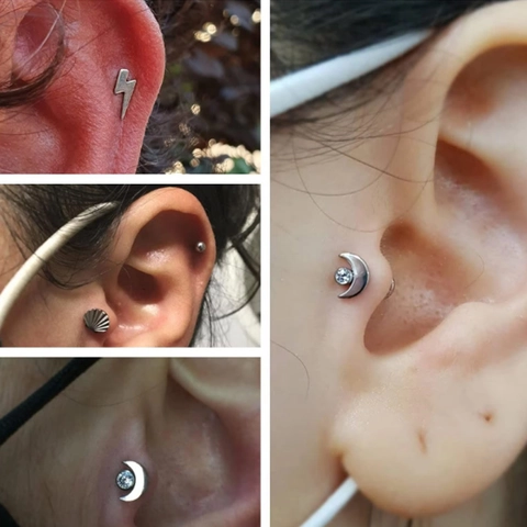 Joyas de Piercing de Titanio ASTM F136 Zirconia Labret Luna Flor Estrella Pata Roscado Interno Pendientes de Cartílago de Oreja