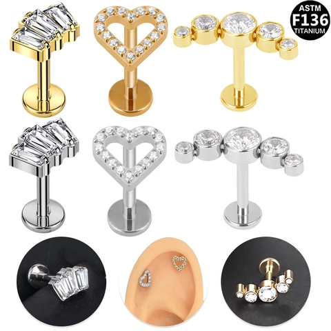 F136 Titanium Lipring Hart Zirkonia Oorknopje Labret Piercing Sieraden Voor Vrouwen Goud Zilver Minimalistische Body Jewelry