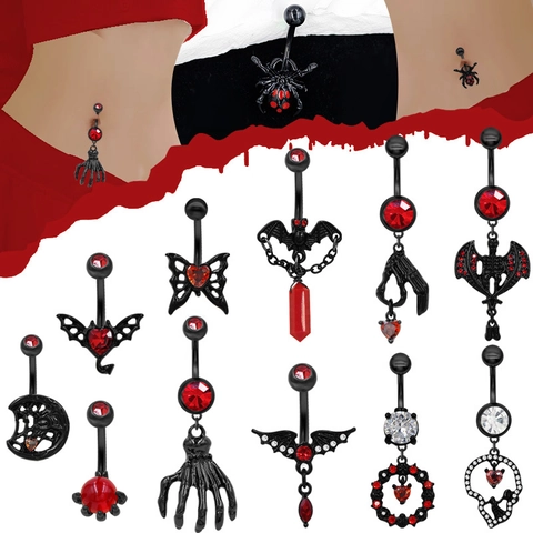Piercing de Nombril Gothique Noir Rouge Cœur Chauve-souris Crâne Araignée Alliage de Zinc Zircon Cubique Bijoux Punk Halloween Femmes