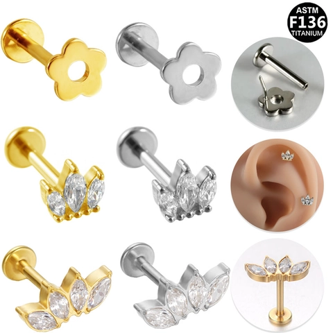 Perno de Labret de Rosca Interna de Aleación de Titanio Strass Marquise Corona Flor Aro de Labio Joyería de Piercing