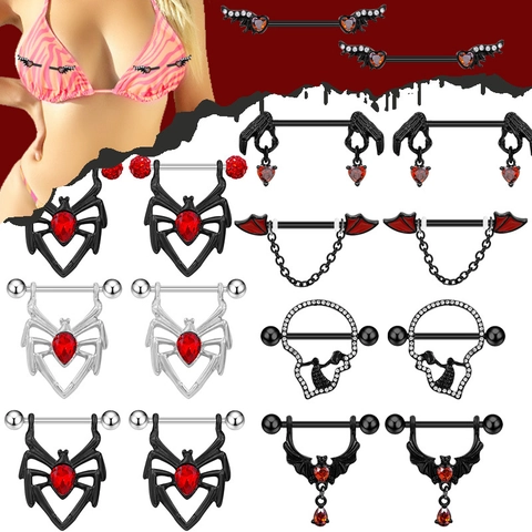 Gothic Stainless Steel Nipple Ring Set Spider Bat Skull Skeleton Hand Heart Red Zirconia Body Piercing Jewelry Halloween Women