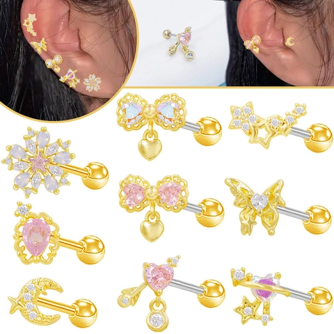 Stainless Steel Zirconia Heart Butterfly Bowknot Cartilage Stud Earrings Gold Plated Star Moon Flower Tragus Helix Piercing Jewelry For Women