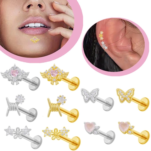 Stainless Steel Lip Ring Labret Stud For Women Pink Zircon Heart Butterfly Flower Body Piercing Jewelry Gift