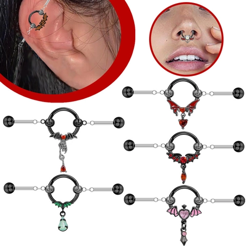 Γοτθικά Κοσμήματα Piercing Νυχτερίδα από Ανοξείδωτο Ατσάλι Σκουλαρίκια Barbell Καρδιά Ζιργκόν Halloween Unisex