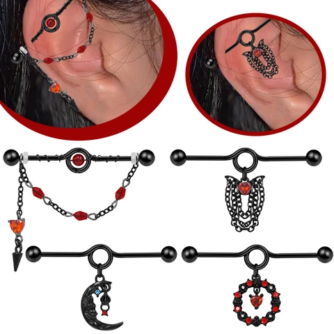 Gothic Black Titanium Steel Industrial Barbell Earrings Moon Bat Heart Rhinestone Chain Pendant Piercing Jewelry For Halloween Party