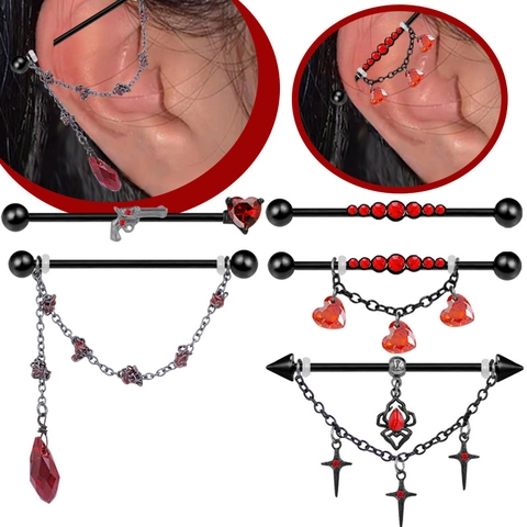 Gothic Punk Industrial Barbell Earrings Stainless Steel Black Red Zirconia Cross Spider Heart Pistol Pendant Ear Piercing Jewelry
