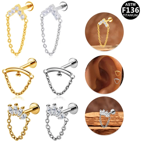 Titanium Alloy ASTM F136 Rhinestone Chain Labret Stud Earring Internal Thread Body Piercing Ear Bone Nail Unisex Jewelry