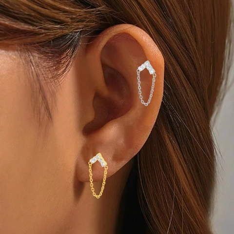 Titanium Alloy ASTM F136 Rhinestone Chain Labret Stud Earring Internal Thread Body Piercing Ear Bone Nail Unisex Jewelry