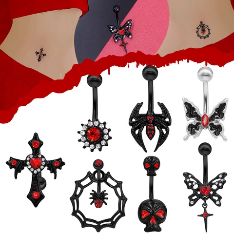 Gothic Black Spider Cross Belly Button Ring For Women Men Zinc Alloy Red Zirconia Punk Skull Butterfly Navel Piercing Jewelry Halloween Gift