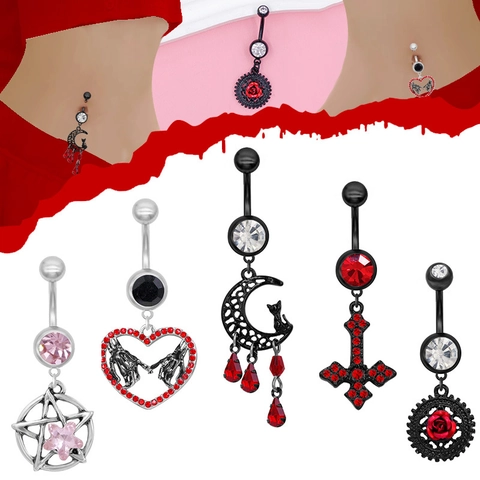 Gothic Belly Button Rings For Women Punk Zinc Alloy Rhinestone Moon Cat Cross Star Heart Inverted Cross Navel Piercing Jewelry