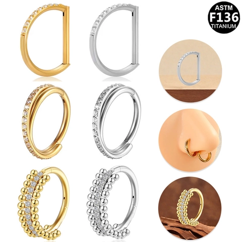 ASTM F136 Titanium Zircon Nose Ring Hinged Segment Clicker Double Layer Triple Row Piercing Jewelry Earrings For Women Men