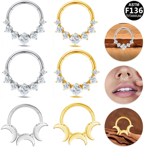 Aro de Nariz de Segmento con Bisagra de Acero Inoxidable para Mujer Hombre Strass Cuadrado Incrustado Triple Luna Septum Clicker Joyería de Perforación
