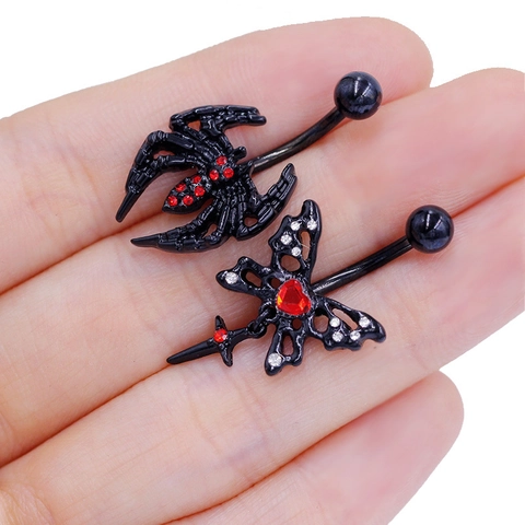 Gothic Black Spider Cross Belly Button Ring For Women Men Zinc Alloy Red Zirconia Punk Skull Butterfly Navel Piercing Jewelry Halloween Gift
