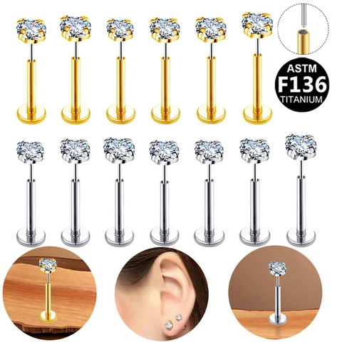 ASTM F136 Titanio Labret Stud Redondo Zirconia Rosca Interna Piercing Labio Espalda Plana Pendiente Cartílago Joyería Piercing Hombre Mujer