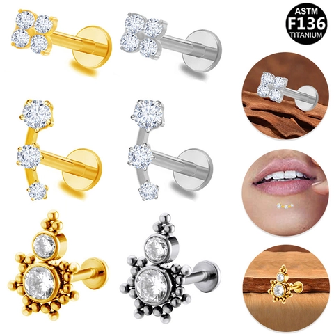 Copper Zirconia Lip Stud Rings For Women Men Internal Thread Piercing Jewelry Flower Sun Curved Labret Stud Earring