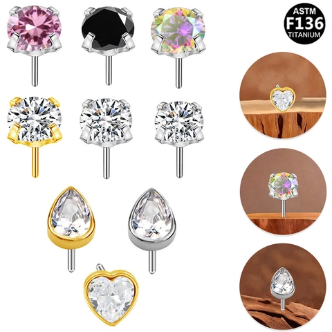 ASTM F136 Titanium Threadless Piercing Replacement Top Heart Pear Round Zirconia Insertion Head Body Jewelry Parts Unisex