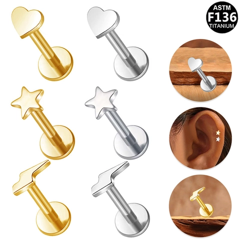 Piercing de Lèvres Minimaliste en Cuivre Pour Femmes Hommes Forme Cœur Étoile Éclair Dos Plat Filetage Interne Bijoux de Piercing