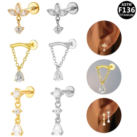 G23 Titanium Alloy Lip Ring Internal Thread Labret Stud Zirconia Chain Dangle Piercing Jewelry For Ear Cartilage Helix
