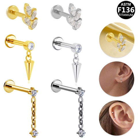 ASTM F136 Titanium Labret Stud Internal Threaded Marquise Zircon Leaf Spike Chain Lip Ring Cartilage Piercing Jewelry