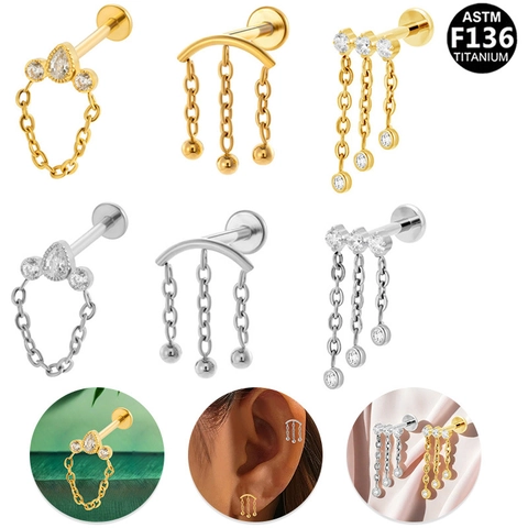ASTM F136 Titanium Labret Stud Piercing Jewelry Zirconia Tassel Chain Dangle Ear Cartilage Stud Lip Ring For Women Men