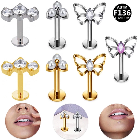 Piercing Labret de Titanio ASTM F136 Roscado Interno Mariposa Zirconia Perla Artificial para Labio Cartílago Oreja Joyería Unisex