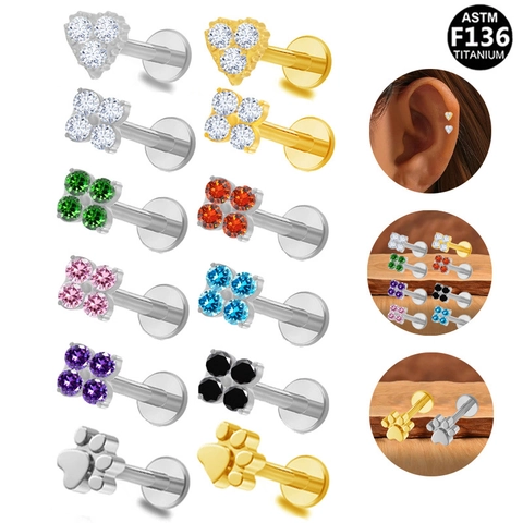 G23 ASTM F136 Titanium Internally Threaded Labret Lip Ring Heart Flower Paw Shaped Rhinestone Cartilage Ear Stud Piercing Jewelry