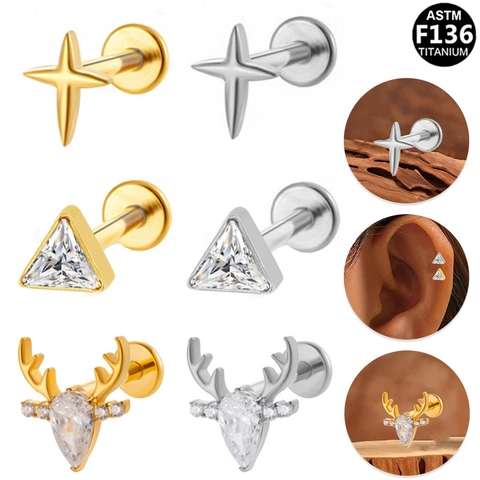 ASTM F136 Titanio Labret Stud Pendientes Con Rosca Interna Para Mujeres Hombres Ciervo Estrella Triángulo Joyas Piercing