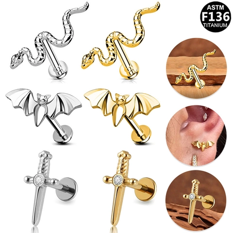 ASTM F136 Titanium Bat Snake Dagger Labret Lip Stud Internally Threaded Ear Helix Cartilage Piercing Body Jewelry