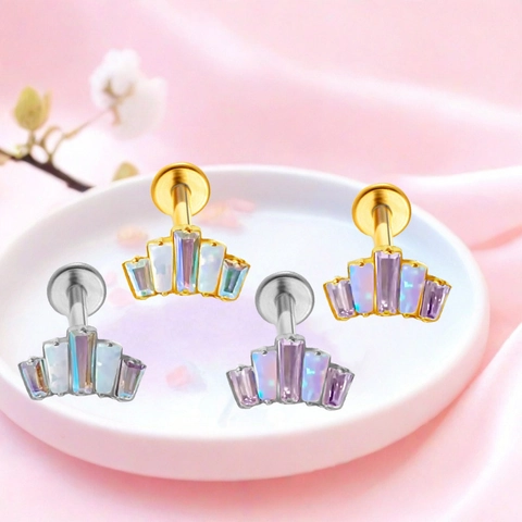 Titanium Alloy Internal Thread Labret Stud Fan Shaped Artificial Opal Rhinestone Lip Piercing Ear Cartilage Stud Body Jewelry