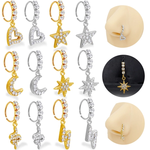 316L Surgical Steel Nose Ring Hoop Dangle Heart Moon Star Snake Lightning Zirconia Body Piercing Jewelry For Women Men