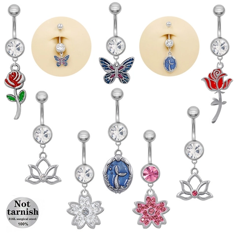 316L Surgical Stainless Steel Belly Button Rings With Zirconia Rose Sakura Butterfly Mermaid Tail Dangle Piercing Jewelry For Women