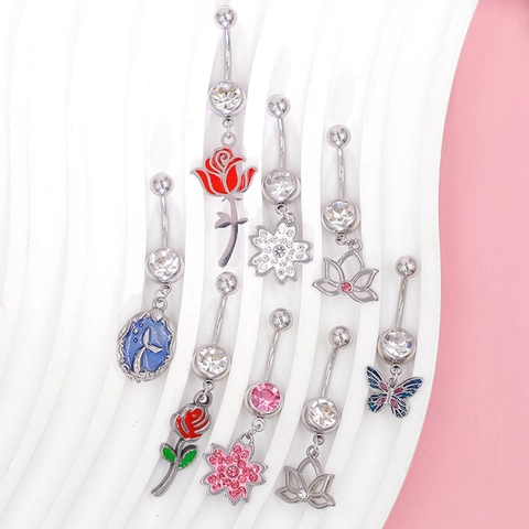 316L Surgical Stainless Steel Belly Button Rings With Zirconia Rose Sakura Butterfly Mermaid Tail Dangle Piercing Jewelry For Women