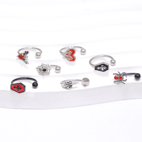 Gothic Punk Halloween Body Piercing Jewelry Stainless Steel Copper Rhinestone Coffin Spider Bat Skeleton Hand Lip Nose Ring