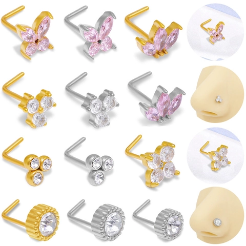 316L Stainless Steel Nose Stud Zirconia Butterfly Flower L-Shape Body Piercing Jewelry For Women Men Daily Decoration
