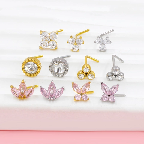 316L Stainless Steel Nose Stud Zirconia Butterfly Flower L-Shape Body Piercing Jewelry For Women Men Daily Decoration