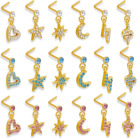 Surgical Steel L Shaped Nose Studs With Heart Star Moon Snake Lightning Pendants Gold Plated Zirconia Piercing Jewelry For Women
