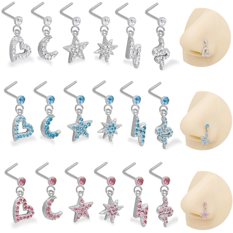 316L Surgical Stainless Steel Nose Studs Cubic Zirconia Dangle Piercing Heart Star Moon Snake Shapes Body Jewelry For Women Men