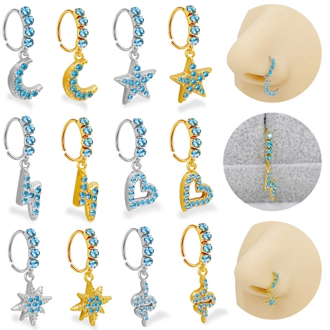 316L Stainless Steel Nose Rings Blue Zirconia Heart Star Moon Snake Dangle Earrings Piercing Jewelry For Women Men