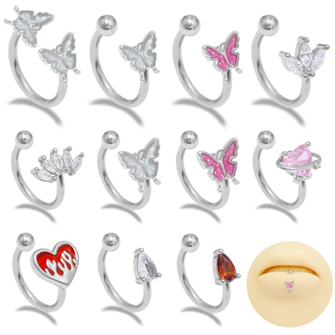 French Rural Style Butterfly Heart Lip Ring Stud Copper Inlaid Rhinestone Labret Piercing Jewelry Sweet Nose Ring For Women Men