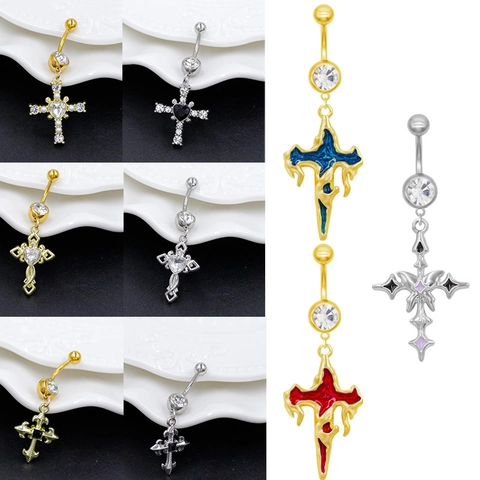 Zinc Alloy Cross Belly Button Ring For Women Heart Rhinestone Inlaid Dangle Navel Piercing Jewelry Body Decoration Accessory