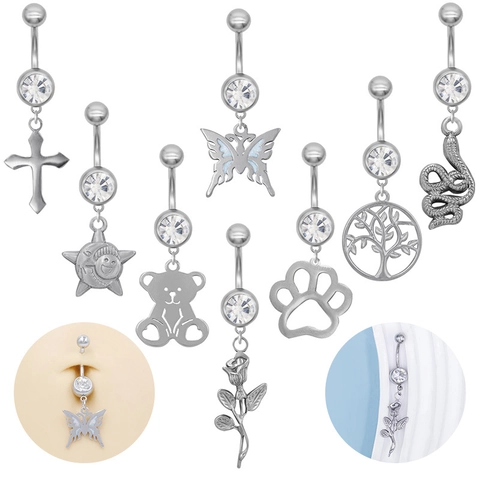 Simple Zinc Alloy Navel Piercing Belly Ring With Rhinestone Inlaid Bear Snake Cross Star Charm Body Jewelry For Men Women