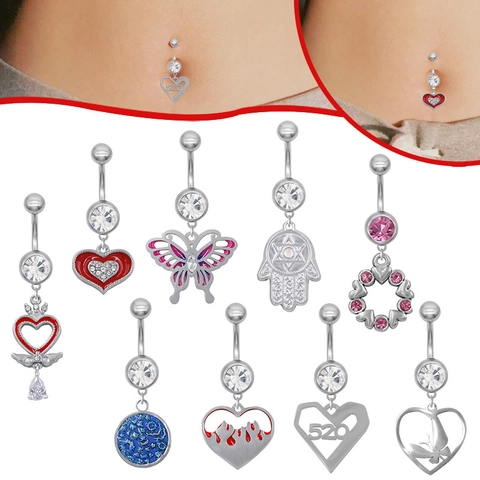 316L Surgical Steel Belly Button Rings For Women Heart Butterfly Hamsa Hand Dangle Navel Piercing Jewelry With Zirconia