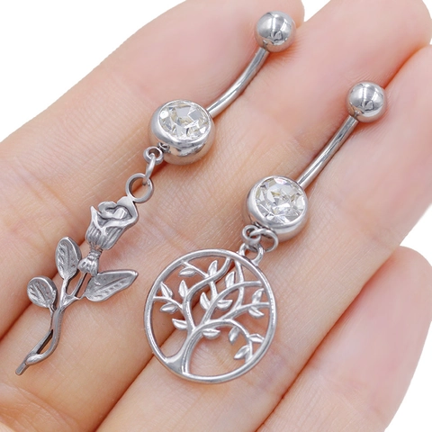 Simple Zinc Alloy Navel Piercing Belly Ring With Rhinestone Inlaid Bear Snake Cross Star Charm Body Jewelry For Men Women