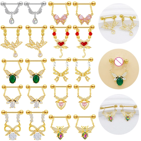 Stainless Steel Nipple Ring For Women Butterfly Bee Heart Pendant Zirconia Body Piercing Jewelry Barbell Piercing Gift