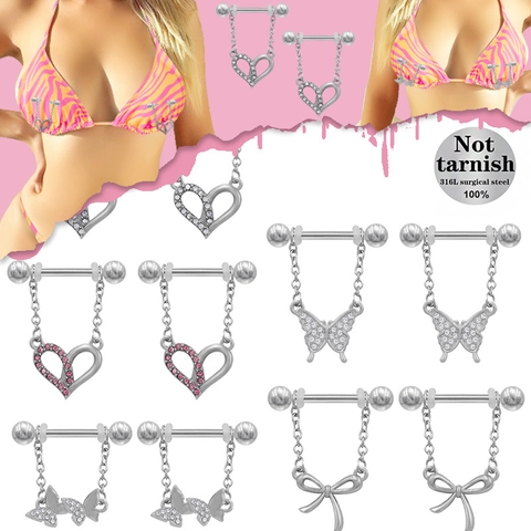 316L Surgical Steel Nipple Ring Chain Piercing Jewelry For Women Sexy Heart Butterfly Bowknot Zirconia Inlaid Body Jewelry