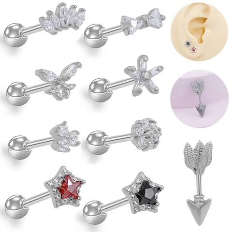 Boucles d'Oreilles Clous de Luxe en Acier Inoxydable Strass pour Femmes Piercing de Cartilage Nœud Cœur Étoile