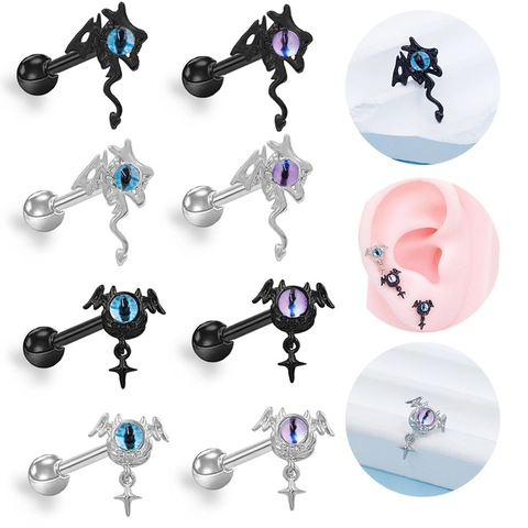 Gothic Dark Style Bat Dragon Wings Evil Eye Stud Earrings Titanium Steel Punk Piercing Jewelry For Men Women Ear Bone Studs