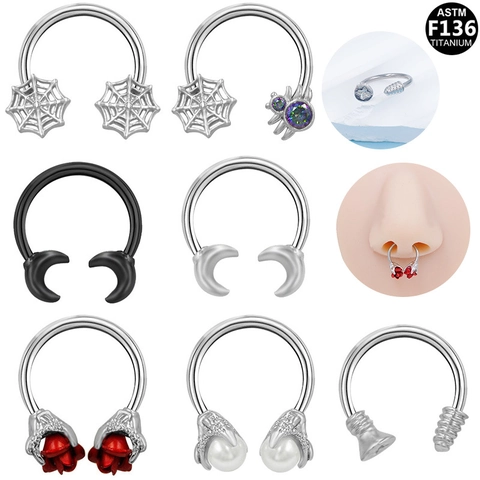 F136 Titanium Septum Clicker Horseshoe Ring Gothic Spider Web Rose Moon Faux Pearl Body Piercing Jewelry For Women Men