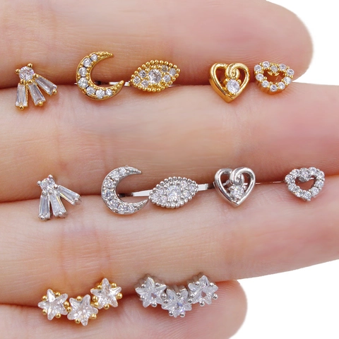 Titanium Steel Zirconia Stud Earrings Heart Moon Star Evil Eye Cartilage Piercing Jewelry Gold Silver Plated For Women