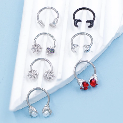 F136 Titanium Septum Clicker Horseshoe Ring Gothic Spider Web Rose Moon Faux Pearl Body Piercing Jewelry For Women Men